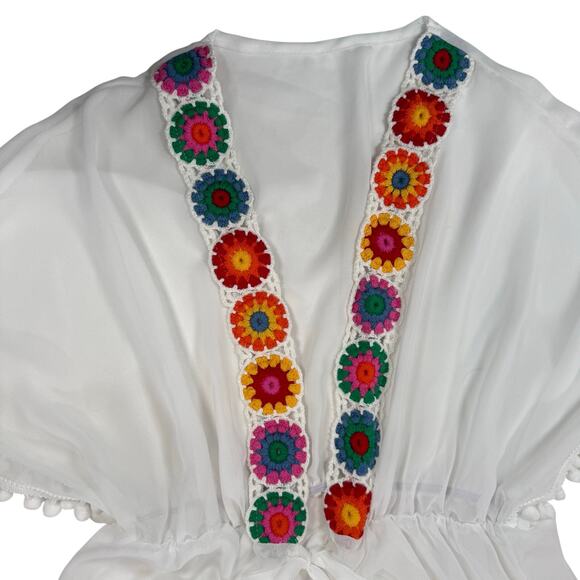 Sheer White Swim Cover Up Women’s Small Floral Embroidered Boho Beach Kimono - Picture 4 of 5